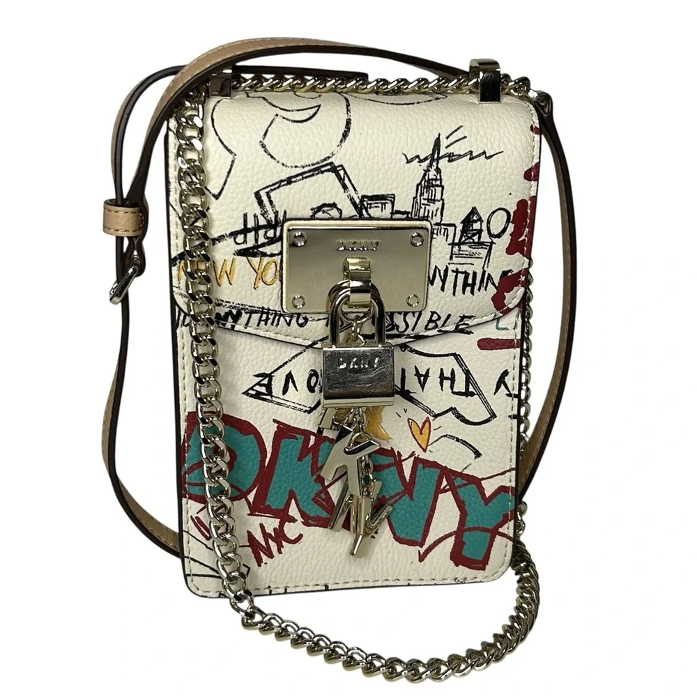 DKNY Womens Elissa North South Cream Graffiti Print Leather Crossbody Bag